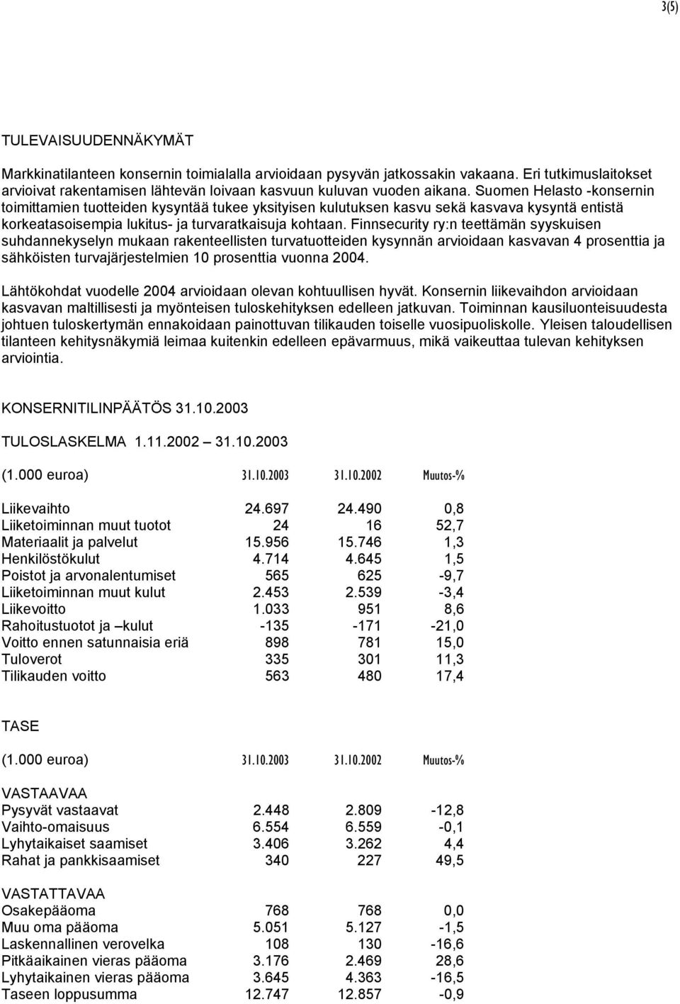 Finnsecurity ry:n teettämän syyskuisen suhdannekyselyn mukaan rakenteellisten turvatuotteiden kysynnän arvioidaan kasvavan 4 prosenttia ja sähköisten turvajärjestelmien 10 prosenttia vuonna 2004.