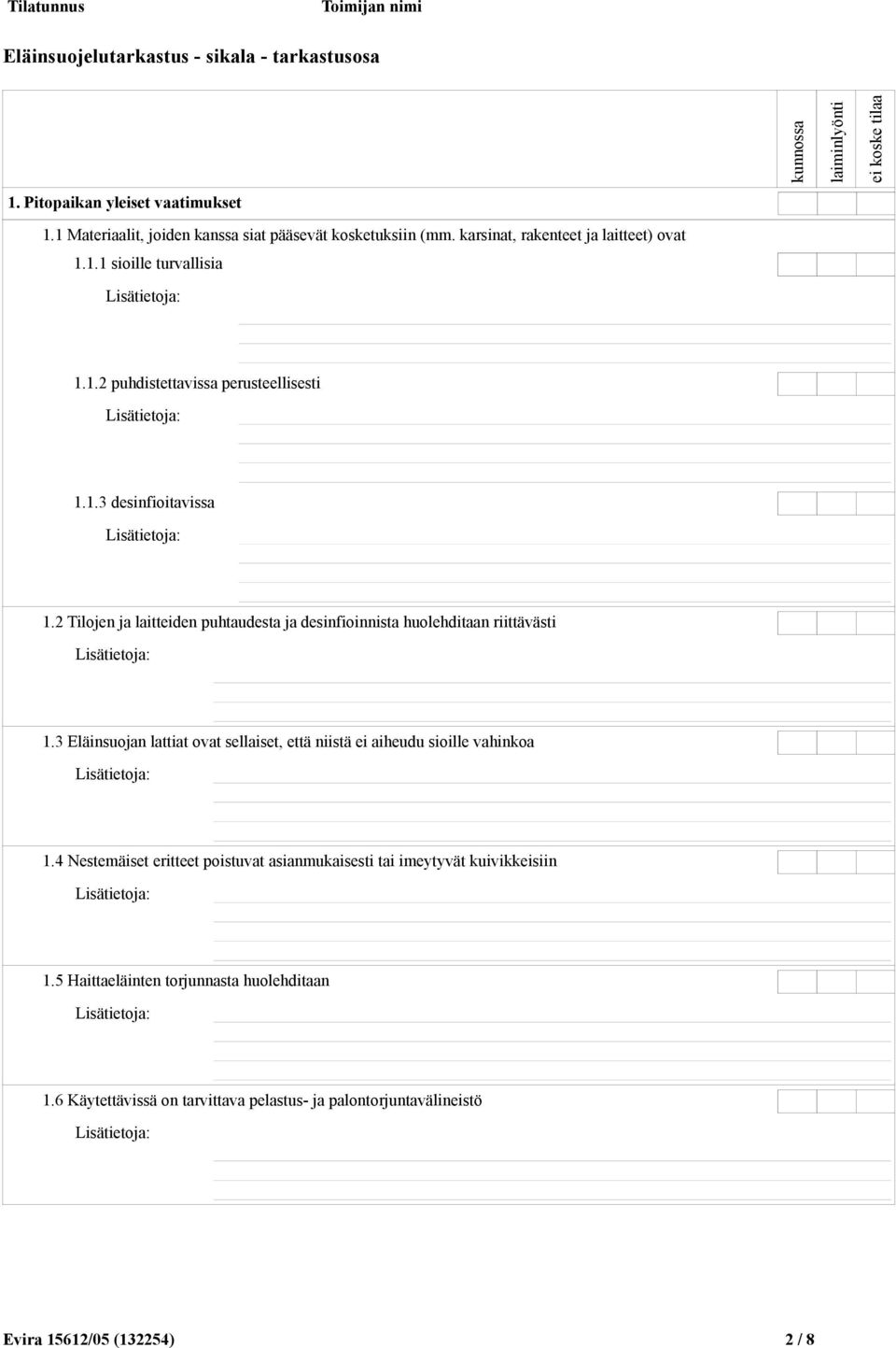 2 Tilojen ja laitteiden puhtaudesta ja desinfioinnista huolehditaan riittävästi 1.3 Eläinsuojan lattiat ovat sellaiset, että niistä ei aiheudu sioille vahinkoa 1.