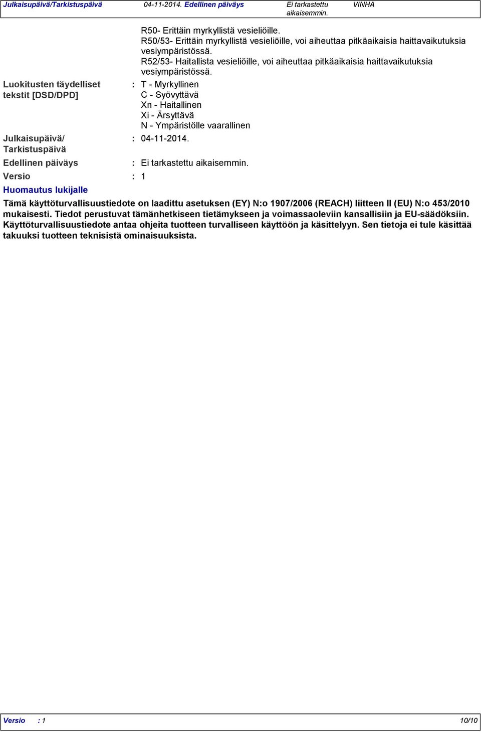 R52/53- Haitallista vesieliöille, voi aiheuttaa pitkäaikaisia haittavaikutuksia vesiympäristössä.