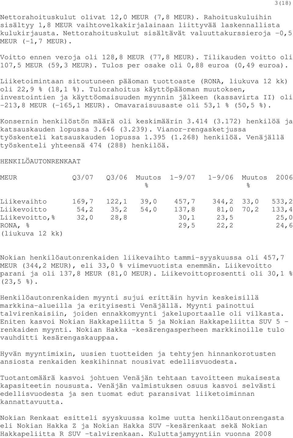 Tulos per osake oli 0,88 euroa (0,49 euroa). Liiketoimintaan sitoutuneen pääoman tuottoaste (RONA, liukuva 12 kk) oli 22,9 % (18,1 %).