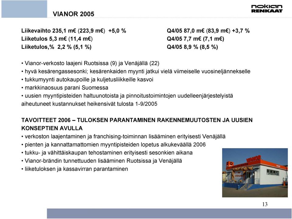 Suomessa uusien myyntipisteiden haltuunotoista ja pinnoitustoimintojen uudelleenjärjestelyistä aiheutuneet kustannukset heikensivät tulosta 1-9/2005 TAVOITTEET 2006 TULOKSEN PARANTAMINEN