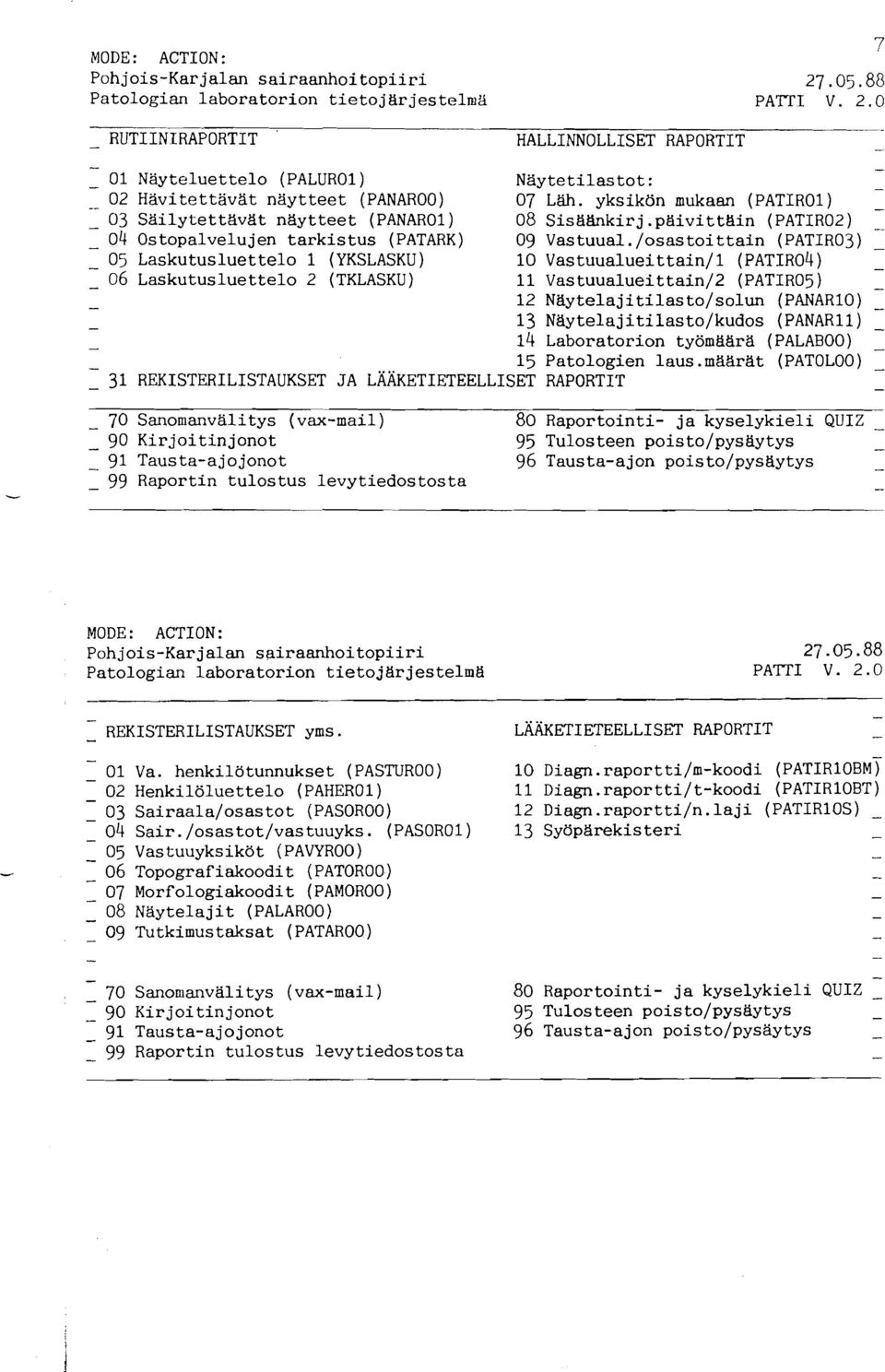 yksikön mukaan (PATIROl) 03 Säilytettavat naytteet (PANAROl) 08 Sisaänkirj.paivitt&in (PATIR02) 04 Ostopalvelujen tarkistus (PATARK) 09 Vastuual.