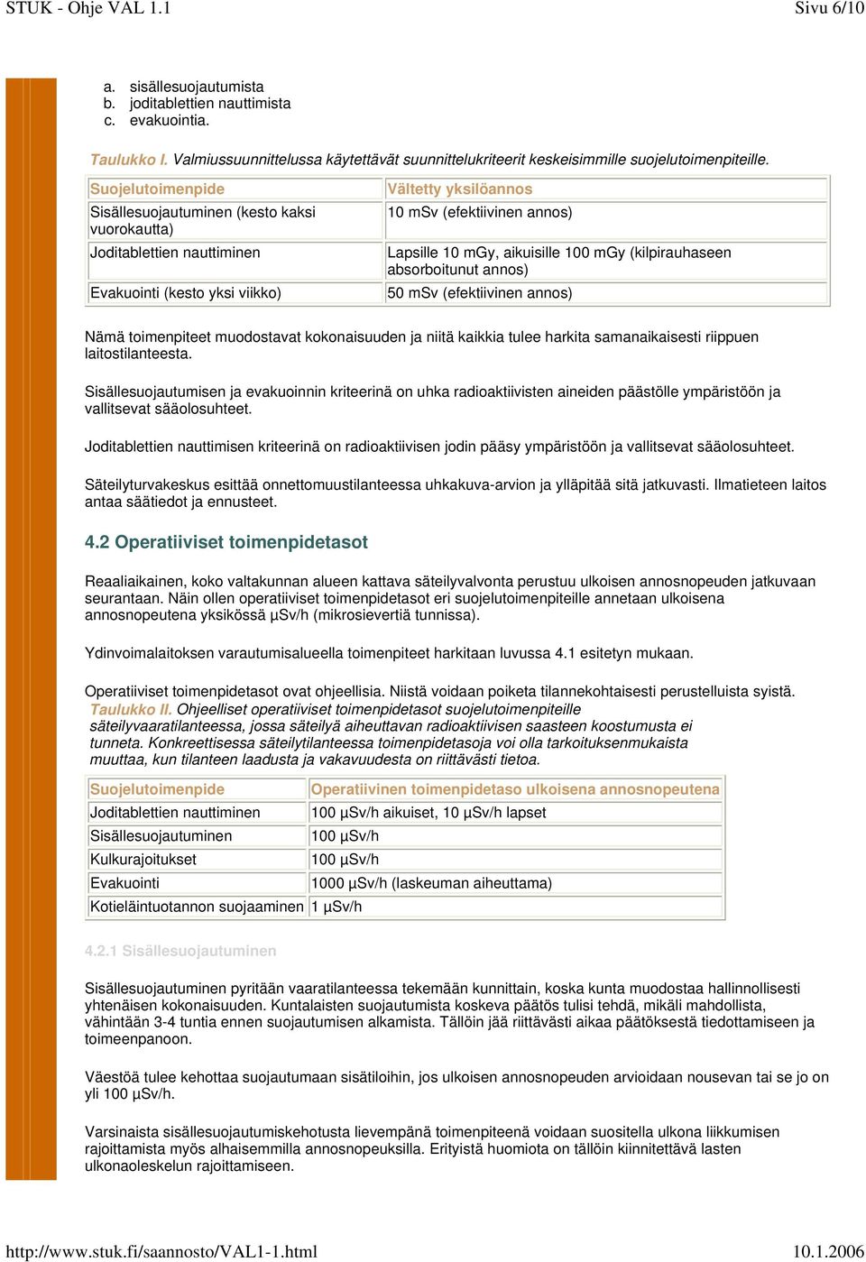 100 mgy (kilpirauhaseen absorboitunut annos) 50 msv (efektiivinen annos) Nämä toimenpiteet muodostavat kokonaisuuden ja niitä kaikkia tulee harkita samanaikaisesti riippuen laitostilanteesta.