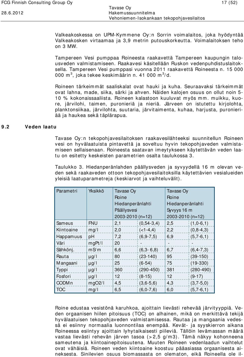 Tampereen Vesi pumppasi vuonna 2011 raakavettä Roineesta n. 15 000 000 m 3, joka tekee keskimäärin n. 41 000 m 3 /d. Roineen tärkeimmät saaliskalat ovat hauki ja kuha.