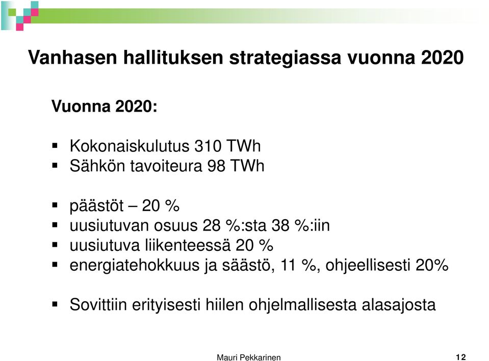 %:iin uusiutuva liikenteessä 20 % energiatehokkuus ja säästö, 11 %,