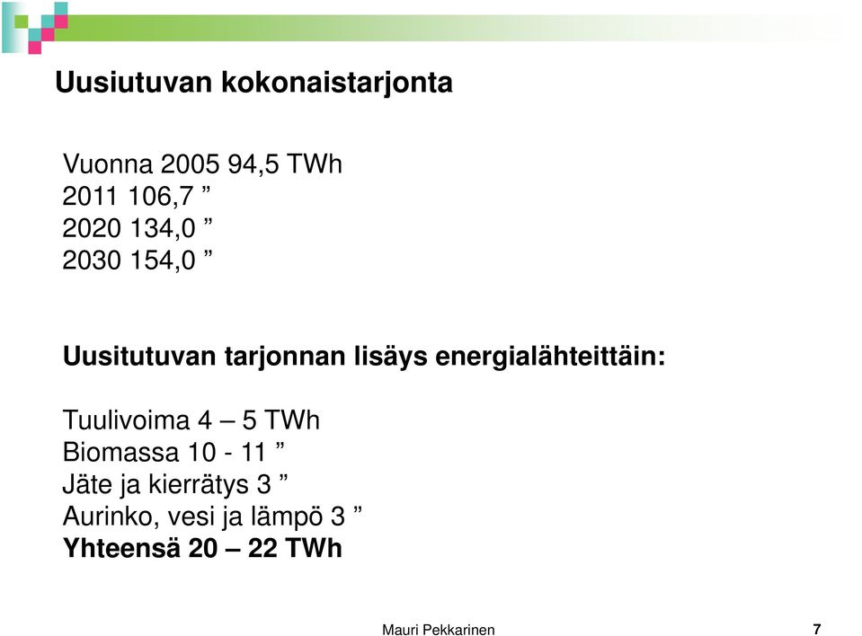 energialähteittäin: Tuulivoima 4 5 TWh Biomassa 10-11 Jäte ja