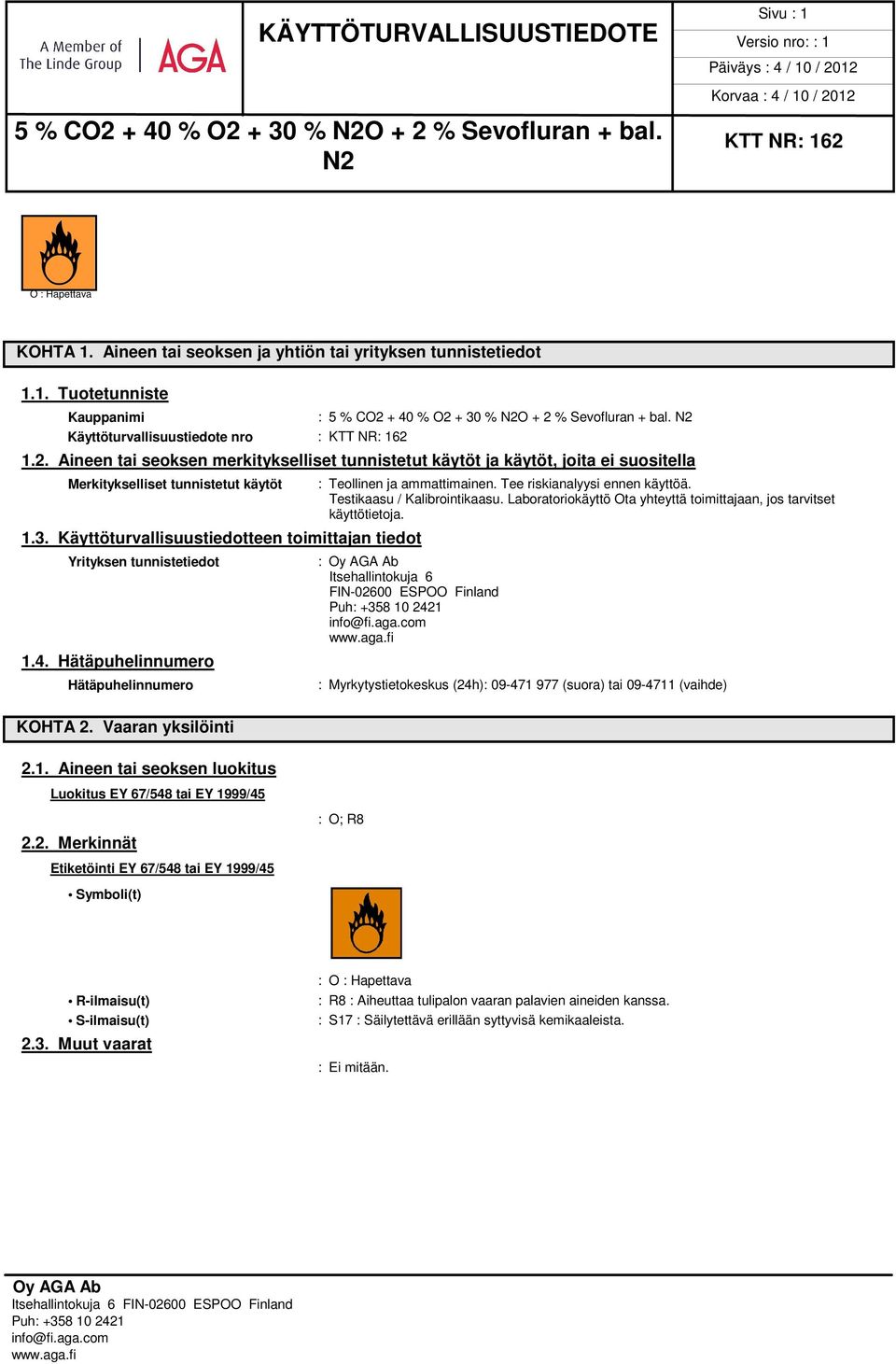 Käyttöturvallisuustiedotteen toimittajan tiedot Yrityksen tunnistetiedot 1.4. Hätäpuhelinnumero Hätäpuhelinnumero KOHTA 2. Vaaran yksilöinti : Teollinen ja ammattimainen.
