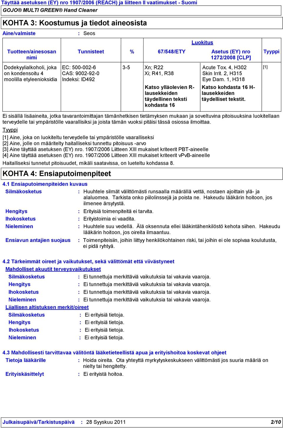 % 67/548/ETY Asetus (EY) nro Tyyppi 1272/2008 [CLP] Katso ylläolevien R lausekkeiden täydellinen teksti kohdasta 16 Luokitus Katso kohdasta 16 H lausekkeiden täydelliset tekstit.