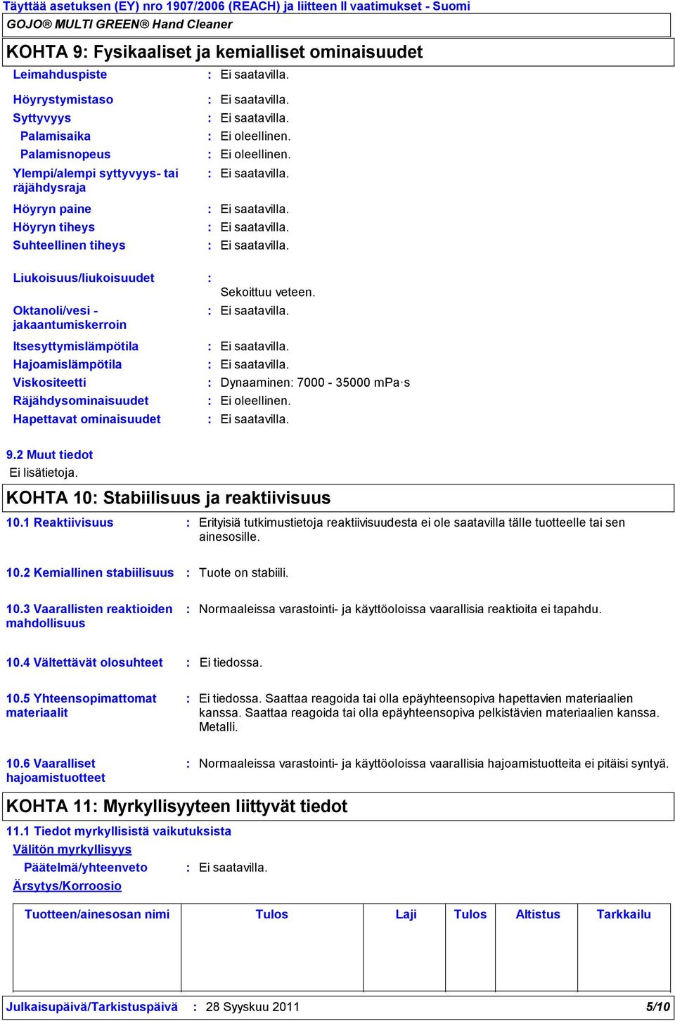 Itsesyttymislämpötila Hajoamislämpötila Viskositeetti Räjähdysominaisuudet Hapettavat ominaisuudet Dynaaminen 7000 35000 mpa s 9.2 Muut tiedot Ei lisätietoja.