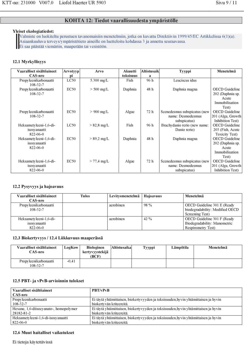 1999/45/EC Artikkelissa 6(1)(a). Asiaankuuluva terveys/ympäristötieto aineille on luetteloitu kohdassa 3 ja annettu seuraavassa. Ei saa päästää viemäriin, maaperään tai vesistöön. 12.