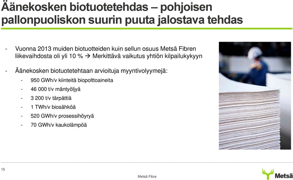 Äänekosken biotuotetehtaan arvioituja myyntivolyymejä: - 950 GWh/v kiinteitä biopolttoaineita - 46 000