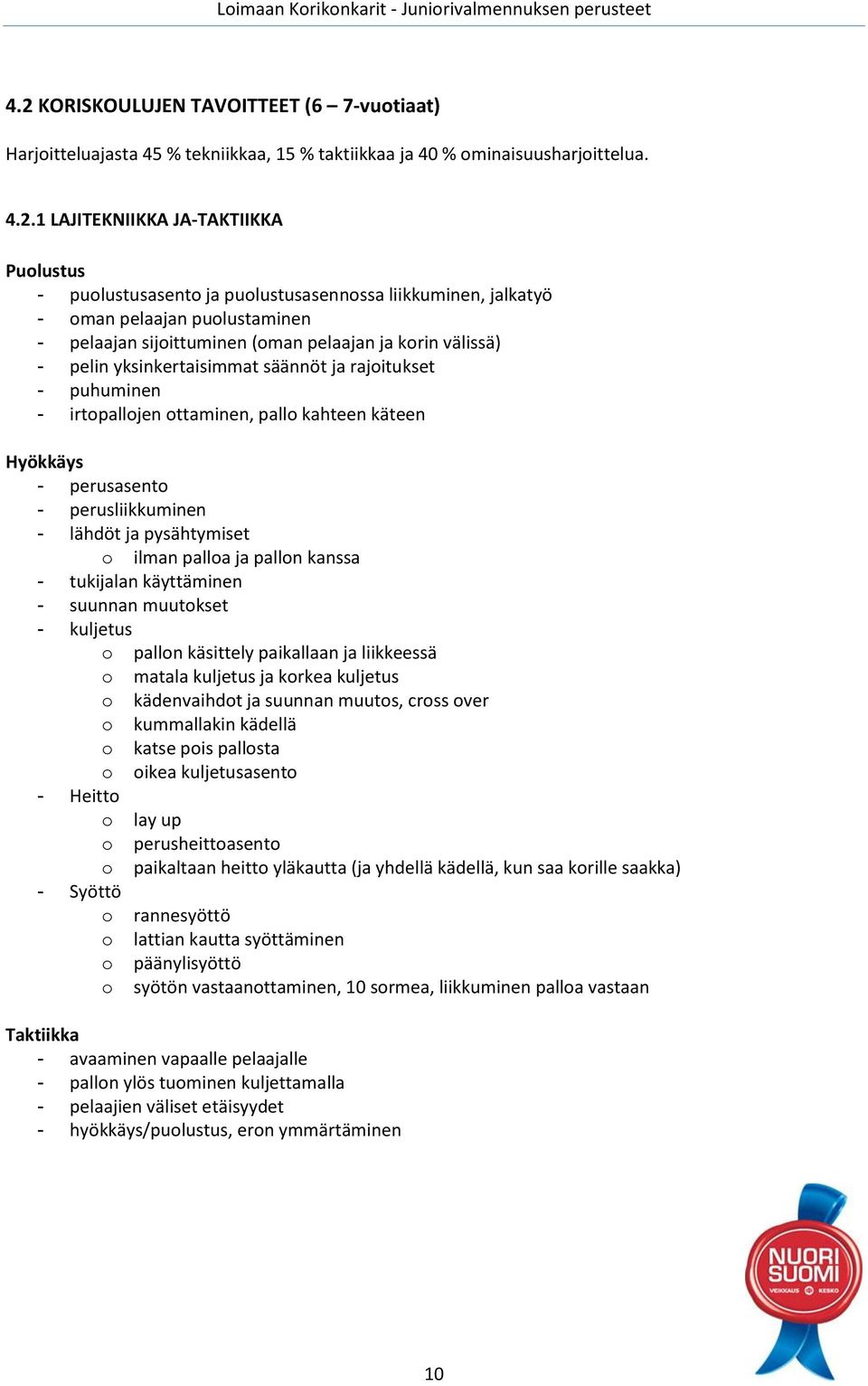 irtopallojen ottaminen, pallo kahteen käteen Hyökkäys - perusasento - perusliikkuminen - lähdöt ja pysähtymiset o ilman palloa ja pallon kanssa - tukijalan käyttäminen - suunnan muutokset - kuljetus