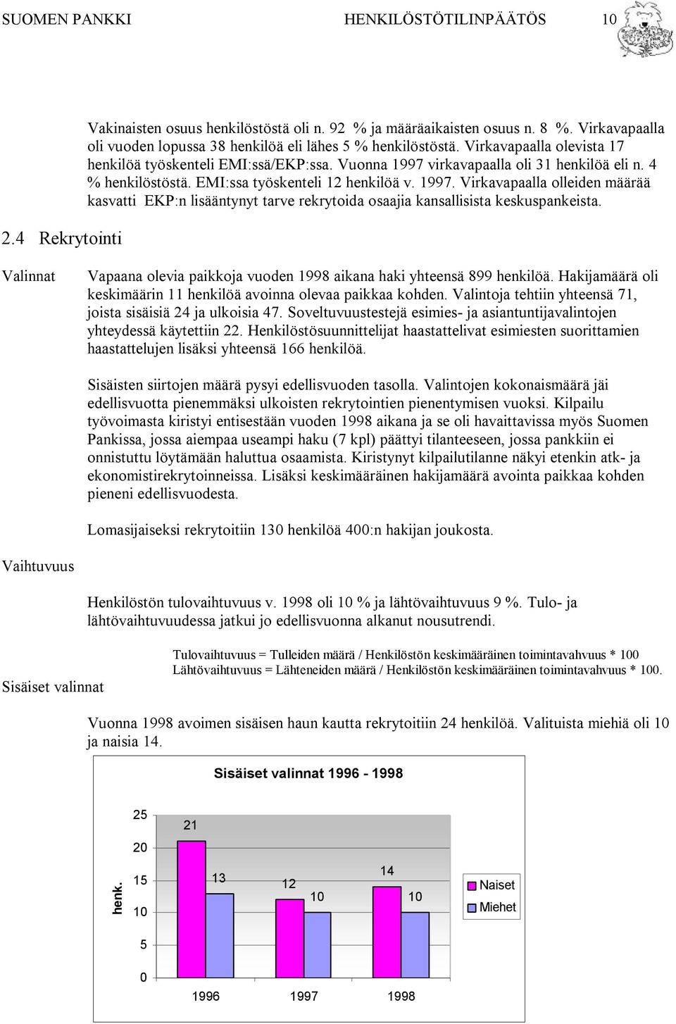 4 % henkilöstöstä. EMI:ssa työskenteli 12 henkilöä v. 1997. Virkavapaalla olleiden määrää kasvatti EKP:n lisääntynyt tarve rekrytoida osaajia kansallisista keskuspankeista.