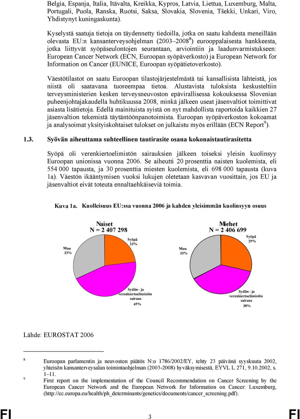 seurantaan, arviointiin ja laadunvarmistukseen: European Cancer Network (ECN, Euroopan syöpäverkosto) ja European Network for Information on Cancer (EUNICE, Euroopan syöpätietoverkosto).