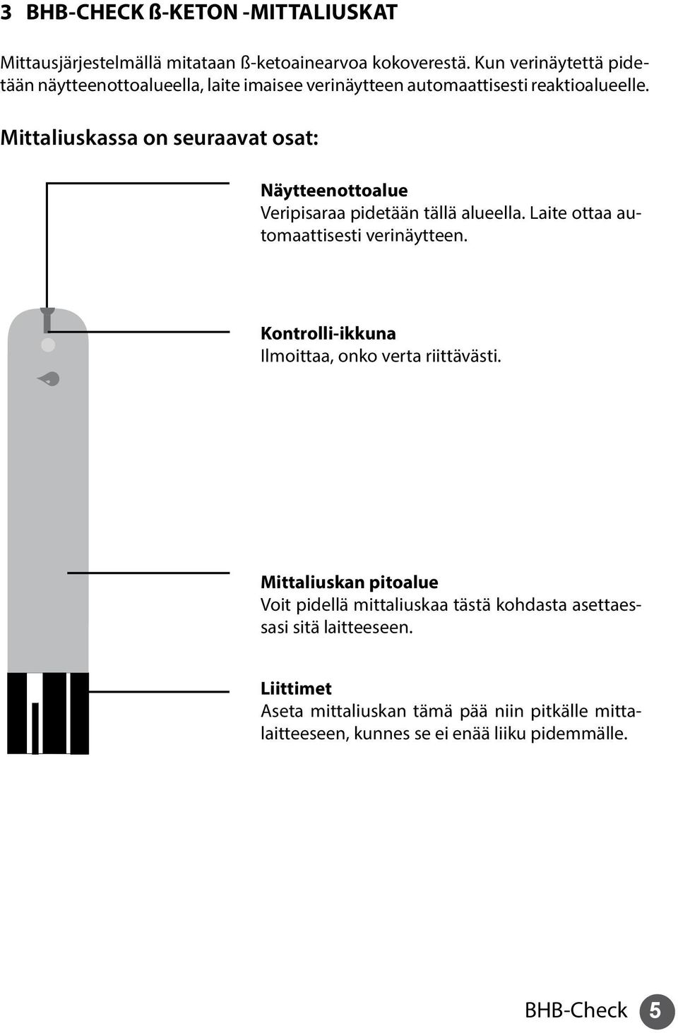 Mittaliuskassa on seuraavat osat: Näytteenottoalue Veripisaraa pidetään tällä alueella. Laite ottaa automaattisesti verinäytteen.
