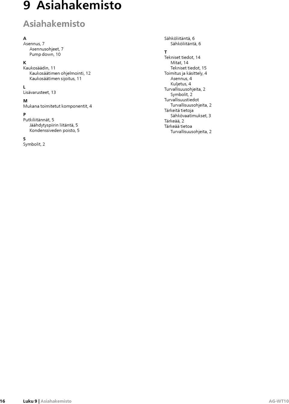 Sähköliitäntä, 6 Sähköliitäntä, 6 T Tekniset tiedot, 14 Mitat, 14 Tekniset tiedot, 15 Toimitus ja käsittely, 4 Asennus, 4 Kuljetus, 4