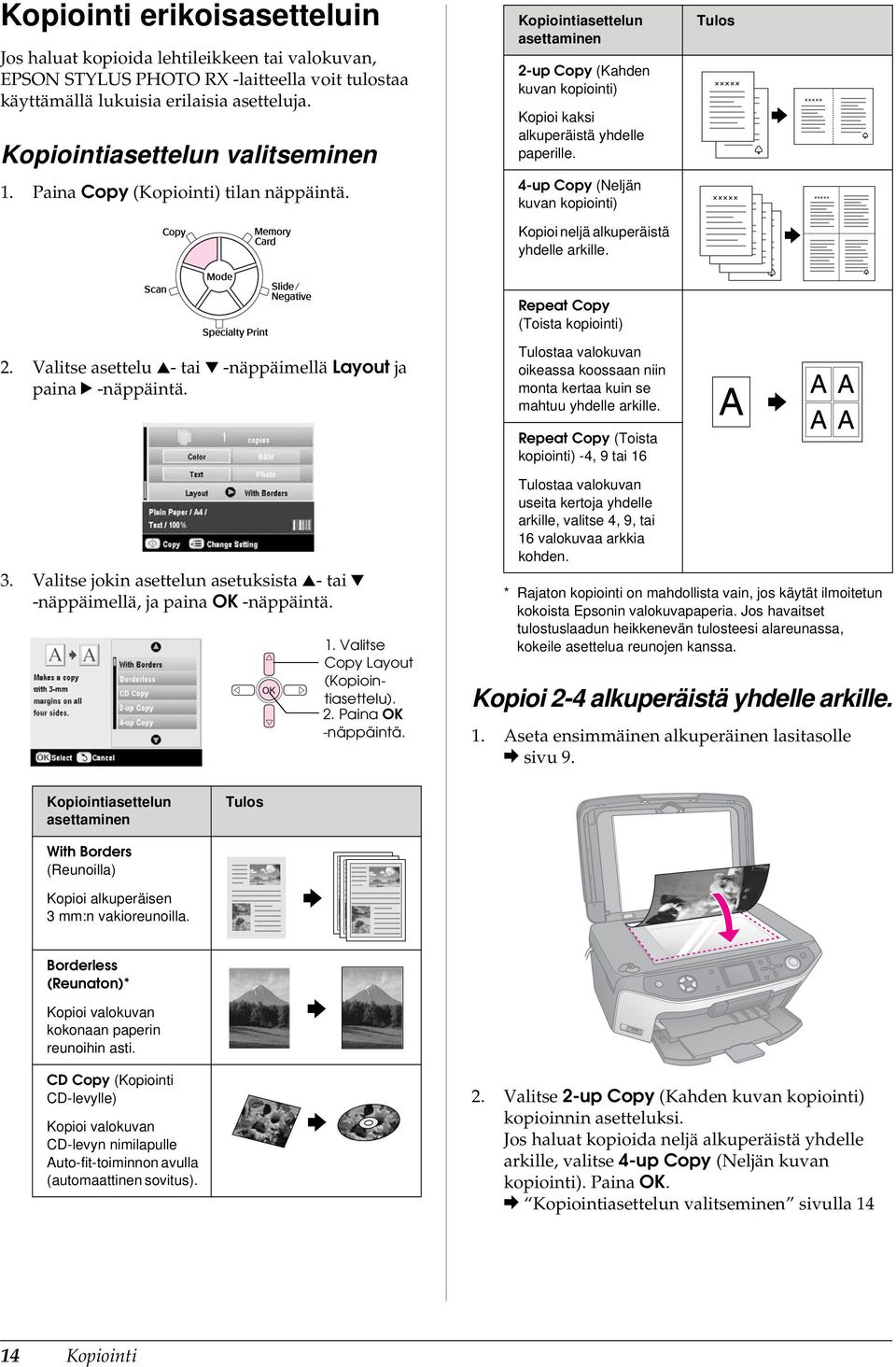 4-up Copy (Neljän kuvan kopiointi) Kopioi neljä alkuperäistä yhdelle arkille. Tulos 2. Valitse asettelu u- tai d -näppäimellä Layout ja paina r -näppäintä.