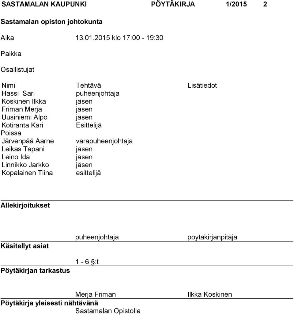 2015 klo 17:00-19:30 Paikka Osallistujat Nimi Tehtävä Lisätiedot Hassi Sari puheenjohtaja Koskinen Ilkka jäsen Friman Merja jäsen Uusiniemi