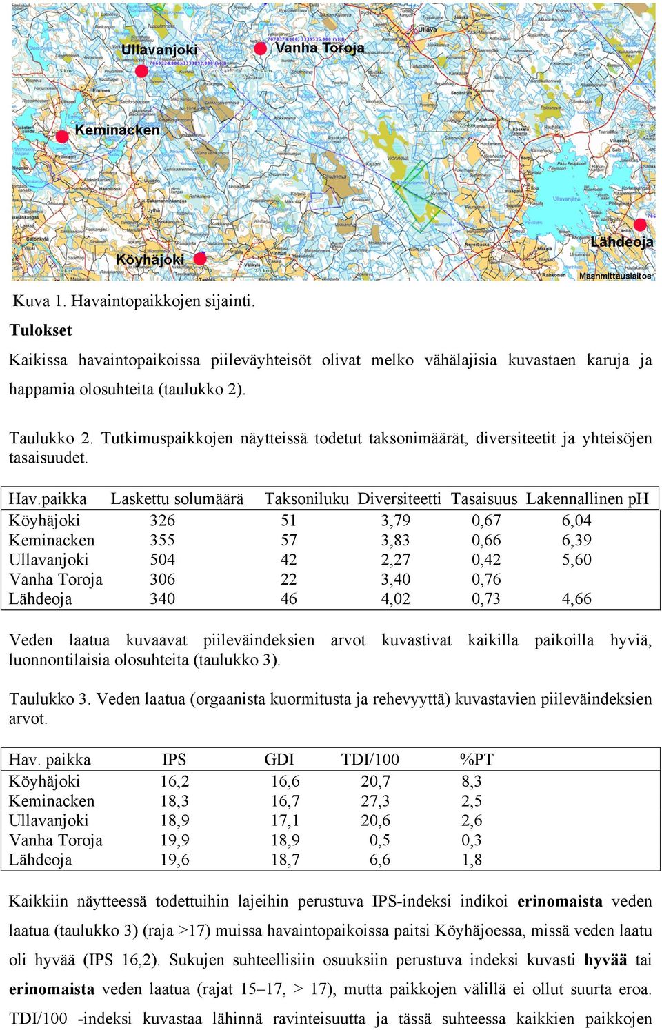 paikka Laskettu solumäärä Köyhäjoki 326 Keminacken 355 Ullavanjoki 504 Vanha Toroja 306 Lähdeoja 340 Taksoniluku Diversiteetti Tasaisuus Lakennallinen ph 51 3,79 0,67 6,04 57 3,83 0,66 6,39 42 2,27