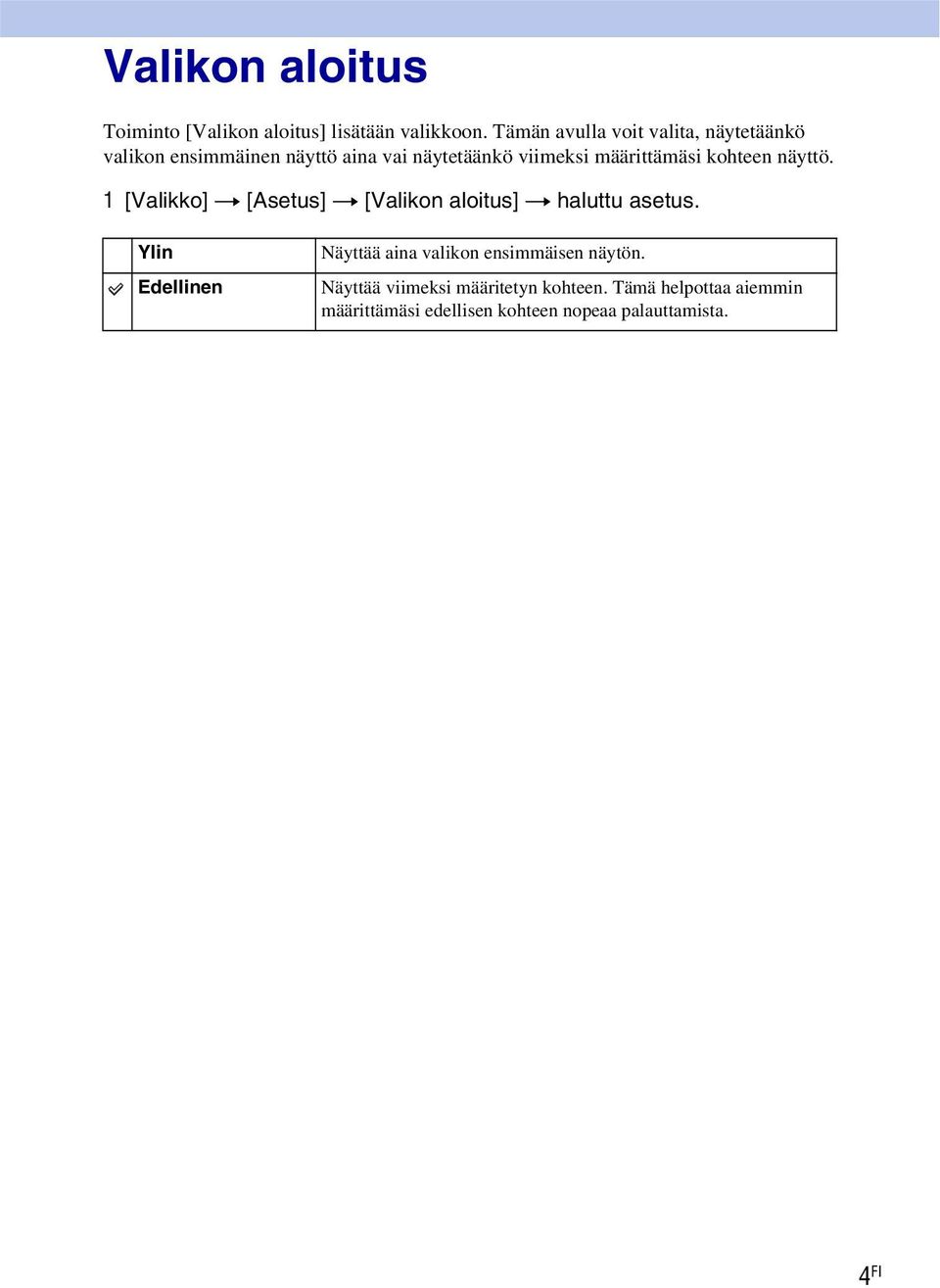 määrittämäsi kohteen näyttö. 1 [Valikko] t [Asetus] t [Valikon aloitus] t haluttu asetus.