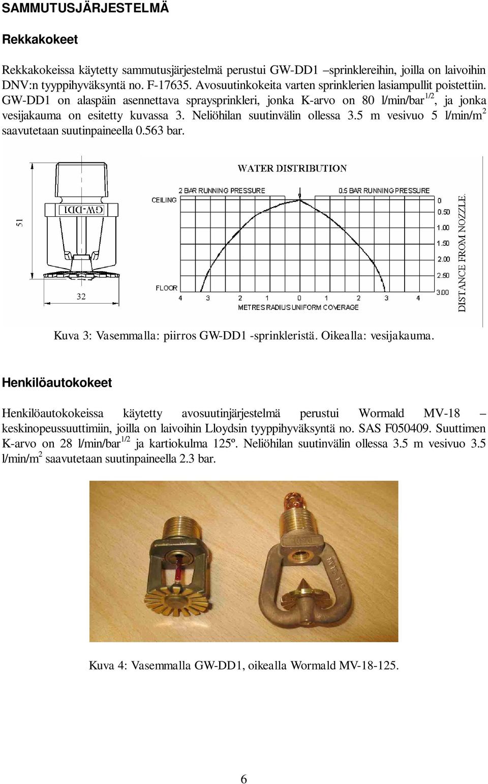 Neliöhilan suutinvälin ollessa 3.5 m vesivuo 5 l/min/m 2 saavutetaan suutinpaineella 0.563 bar. Kuva 3: Vasemmalla: piirros GW-DD1 -sprinkleristä. Oikealla: vesijakauma.