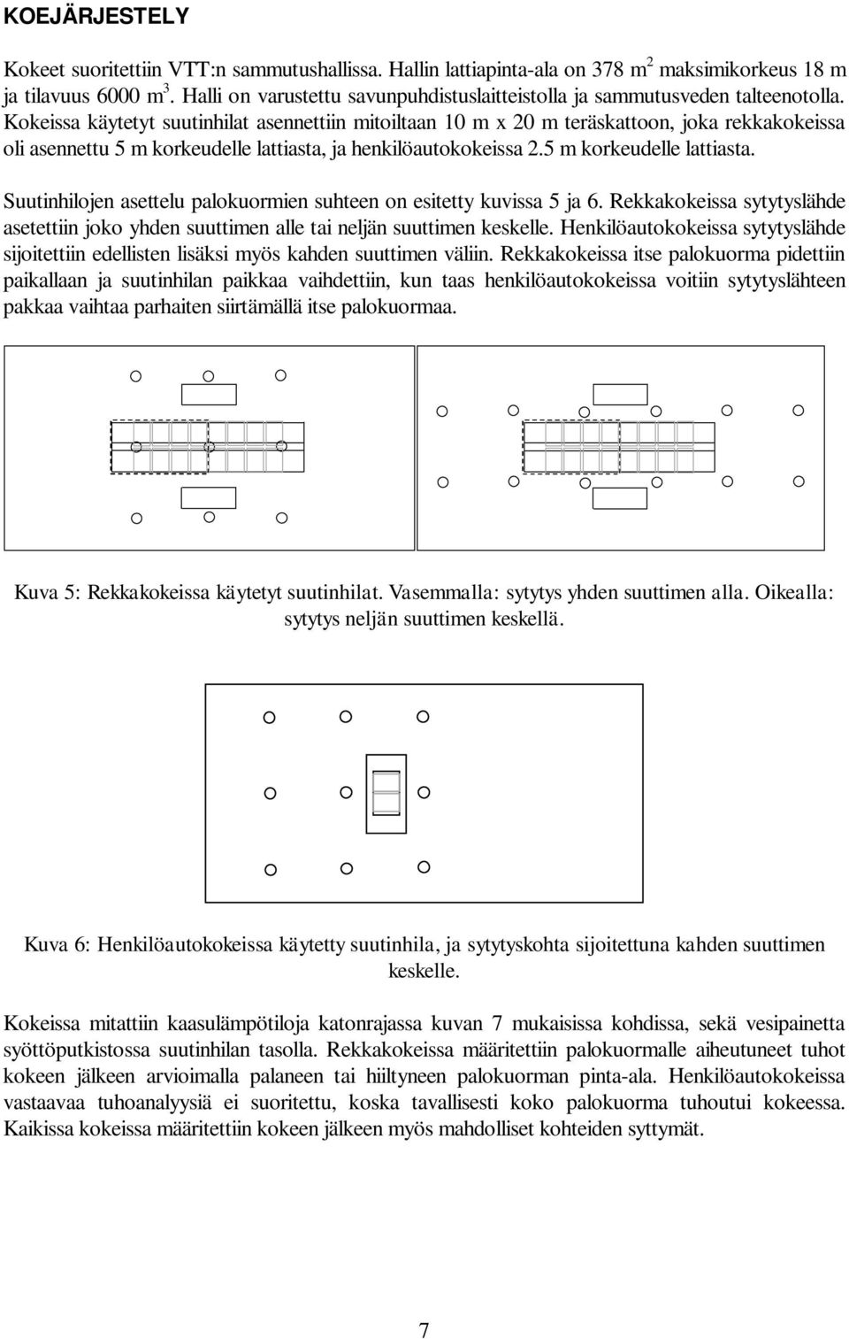 Kokeissa käytetyt suutinhilat asennettiin mitoiltaan 10 m x 20 m teräskattoon, joka rekkakokeissa oli asennettu 5 m korkeudelle lattiasta,