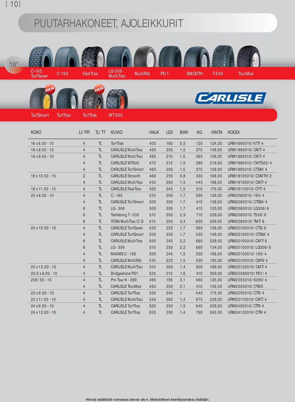 50-10 4 TL CARLISLE MultiTrac 460 210 1,5 365 158,00 URM1885010/CMT/4 4 TL CARLISLE WT300 470 215 1,5 380 218,00 URM1885010/CWT300/4 4 TL CARLISLE TurfSmart 460 205 1,5 375 158,00 URM1885010/CTSM/4