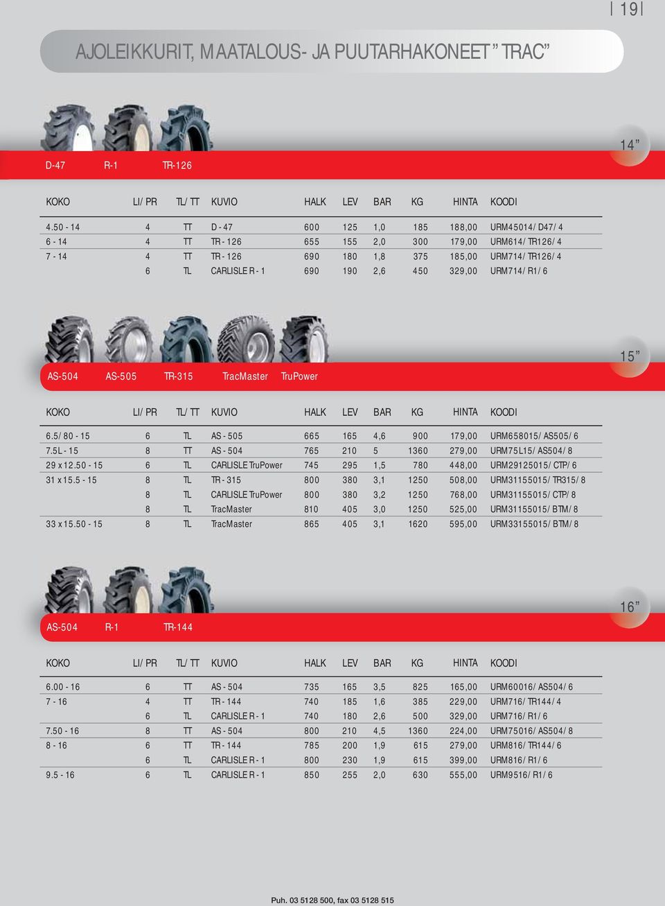 2,6 450 329,00 URM714/R1/6 AS-504 AS-505 TR-315 TracMaster TruPower 15 6.5/80-15 6 TL AS - 505 665 165 4,6 900 179,00 URM658015/AS505/6 7.