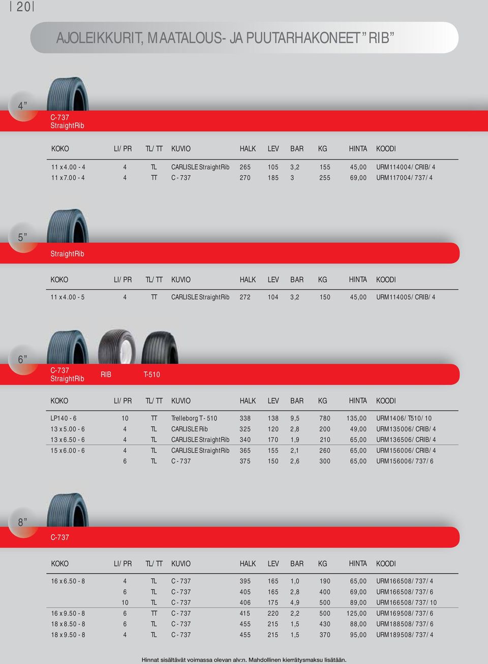 00-5 4 TT CARLISLE StraightRib 272 104 3,2 150 45,00 URM114005/CRIB/4 6 C-737 StraightRib RIB T-510 LP140-6 10 TT Trelleborg T - 510 338 138 9,5 780 135,00 URM1406/T510/10 13 x 5.