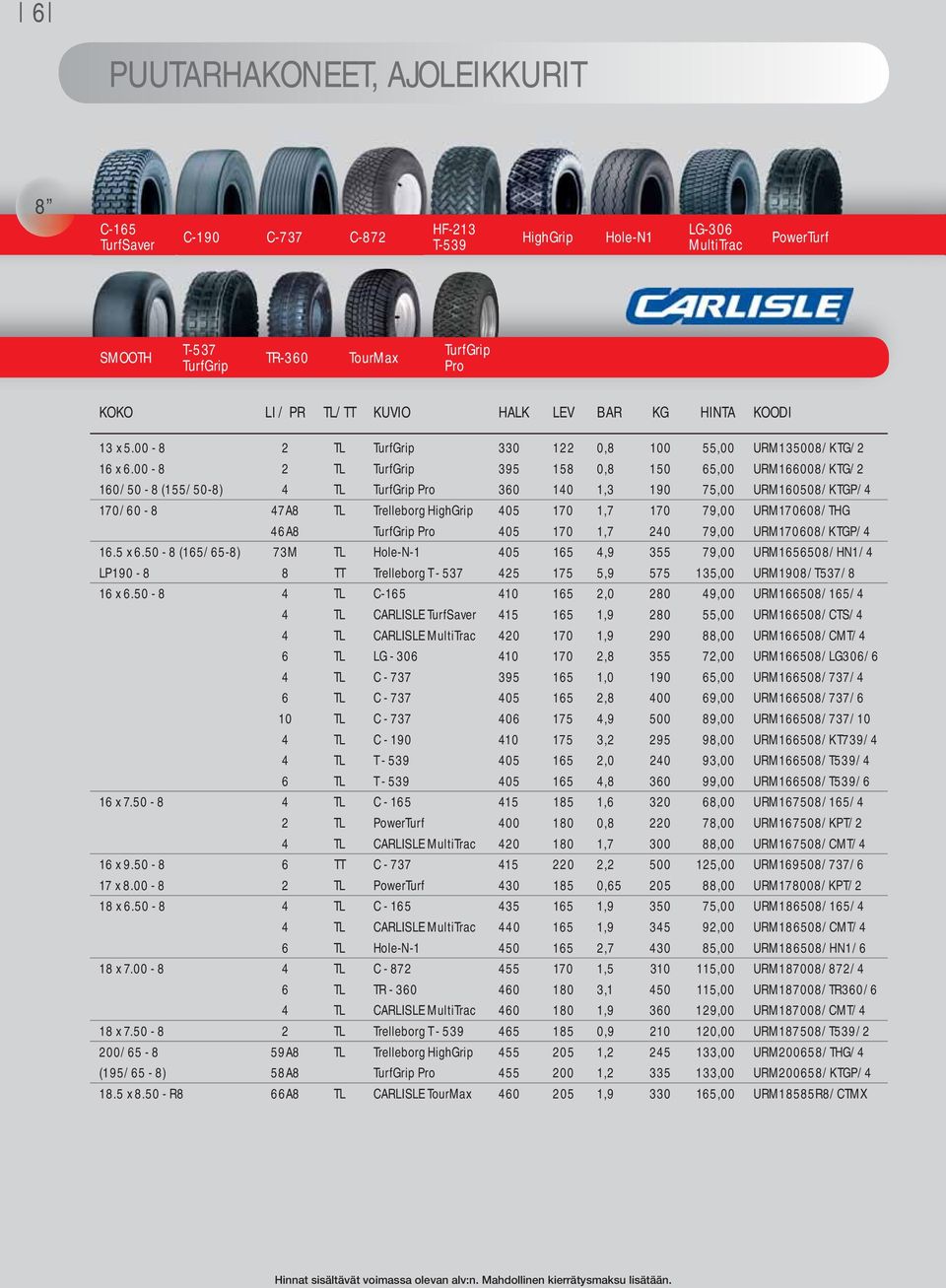 00-8 2 TL TurfGrip 395 158 0,8 150 65,00 URM166008/KTG/2 160/50-8 (155/50-8) 4 TL TurfGrip Pro 360 140 1,3 190 75,00 URM160508/KTGP/4 170/60-8 47A8 TL Trelleborg HighGrip 405 170 1,7 170 79,00