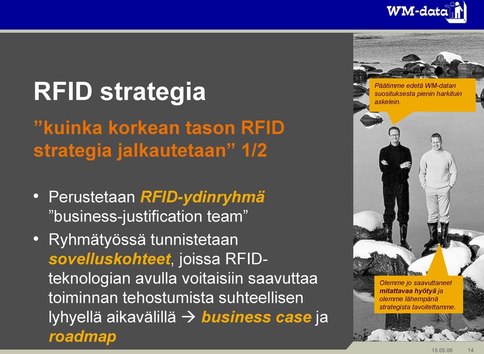 Perustetaan RFID-ydinryhmä business-justification team Ryhmätyössä tunnistetaan sovelluskohteet, joissa