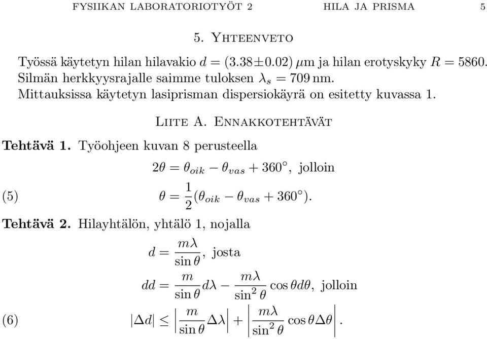 Mittauksissa käytetyn lasiprisman dispersiokäyrä on esitetty kuvassa. Liite A. Ennakkotehtävät Tehtävä.