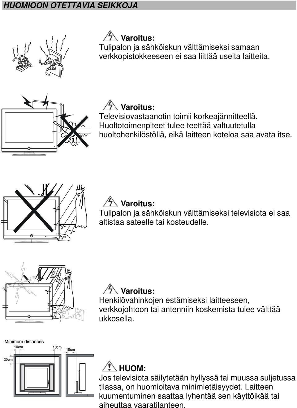 Varoitus: Tulipalon ja sähköiskun välttämiseksi televisiota ei saa altistaa sateelle tai kosteudelle.