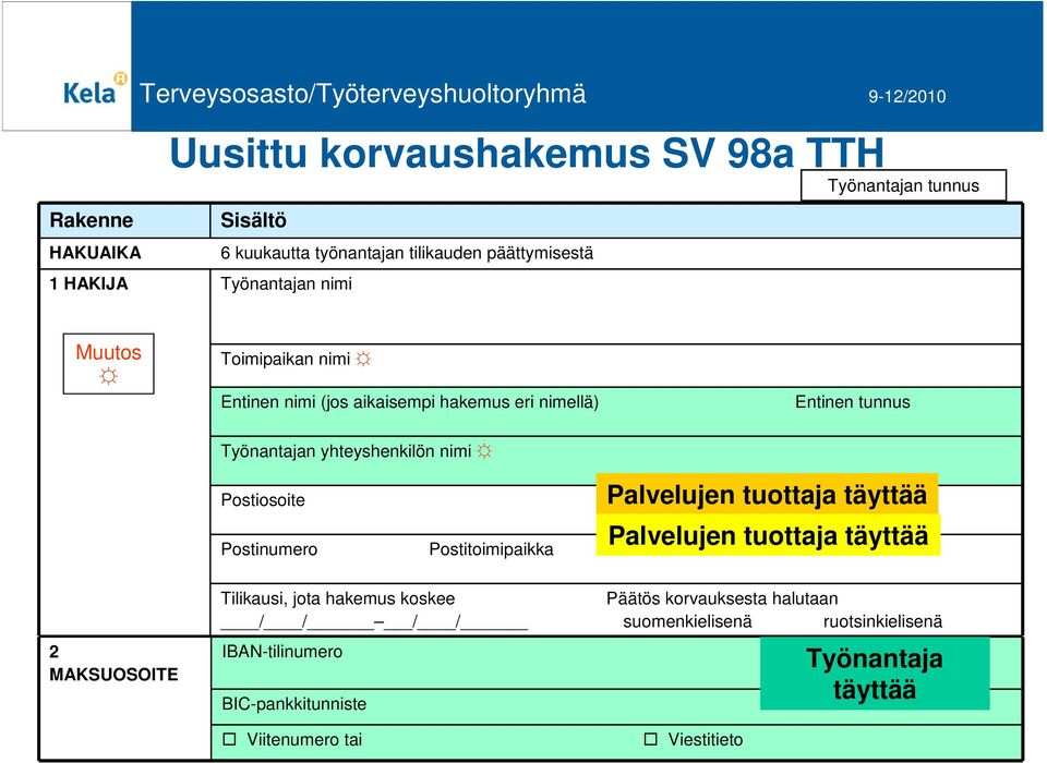 Postiosoite Postinumero Postitoimipaikka Palvelujen tuottaja täyttää Palvelujen tuottaja täyttää 2 MAKSUOSOITE Tilikausi, jota hakemus koskee