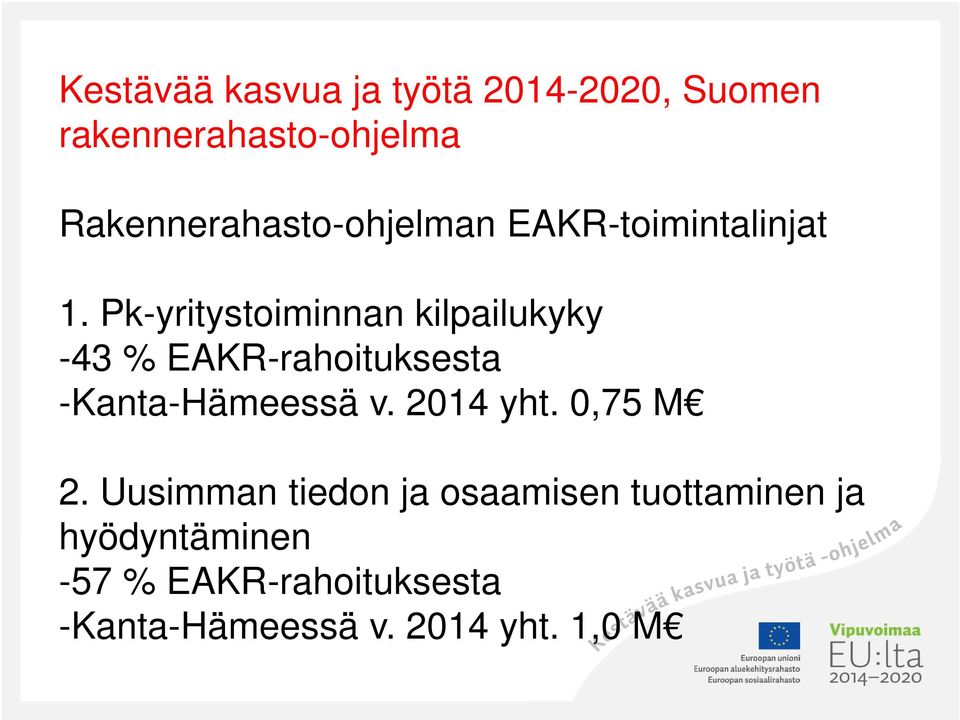 Pk-yritystoiminnan kilpailukyky -43 % EAKR-rahoituksesta -Kanta-Hämeessä v.