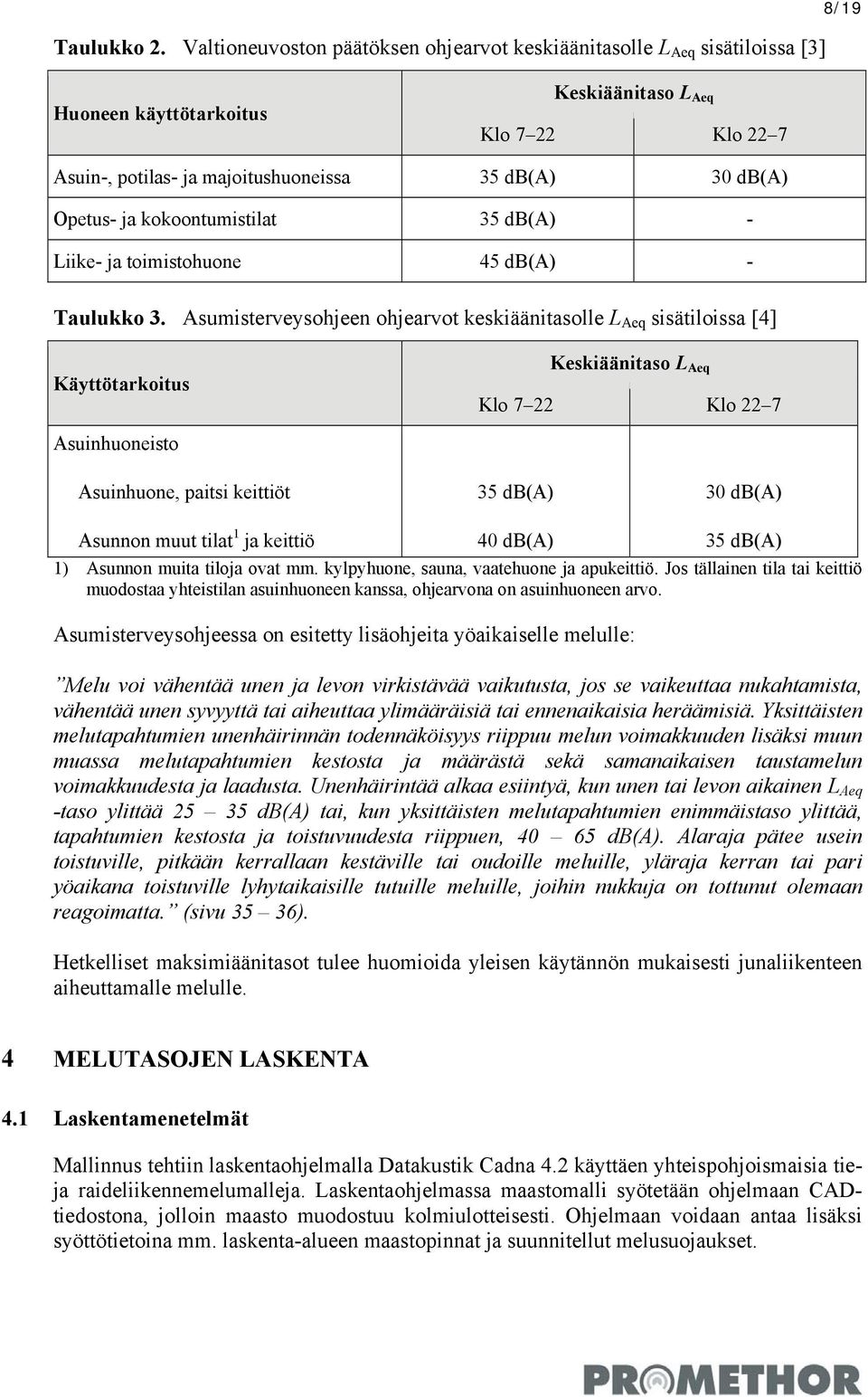 Opetus- ja kokoontumistilat 35 db(a) - Liike- ja toimistohuone 45 db(a) - Taulukko 3.