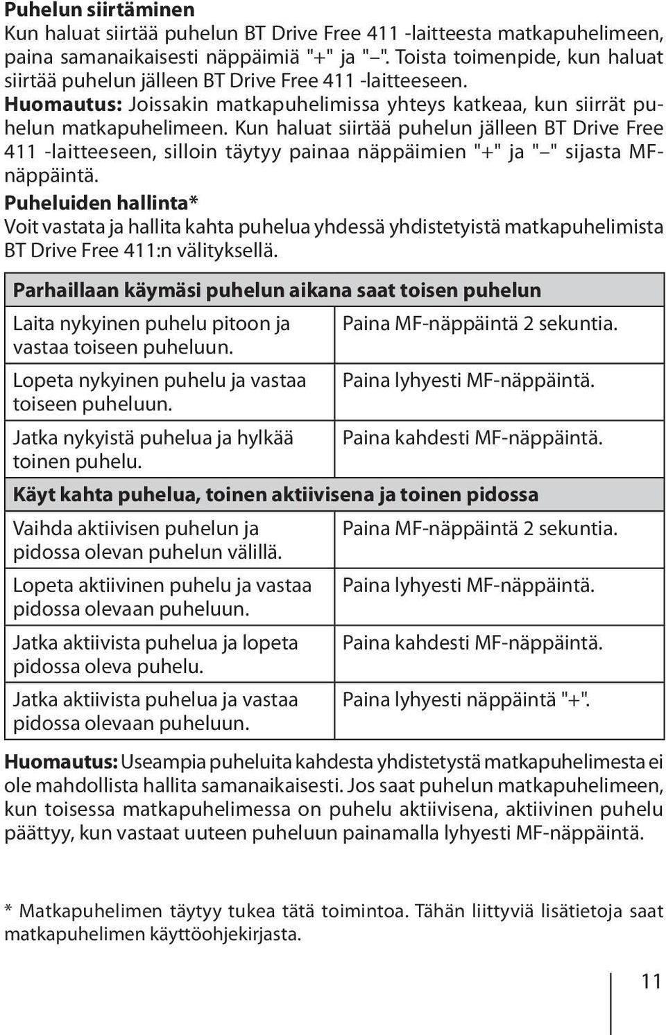 Kun haluat siirtää puhelun jälleen BT Drive Free 411 -laitteeseen, silloin täytyy painaa näppäimien "+" ja " " sijasta MFnäppäintä.