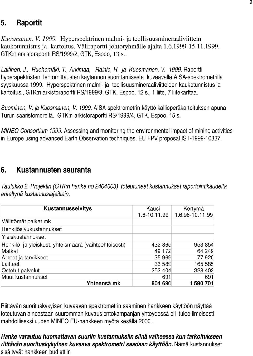 Hyperspektrinen malmi- ja teollisuusmineraaliviitteiden kaukotunnistus ja kartoitus., GTK:n arkistoraportti RS/1999/3, GTK, Espoo, 12 s., 1 liite, 7 liitekarttaa. Suominen, V. ja Kuosmanen, V. 1999.