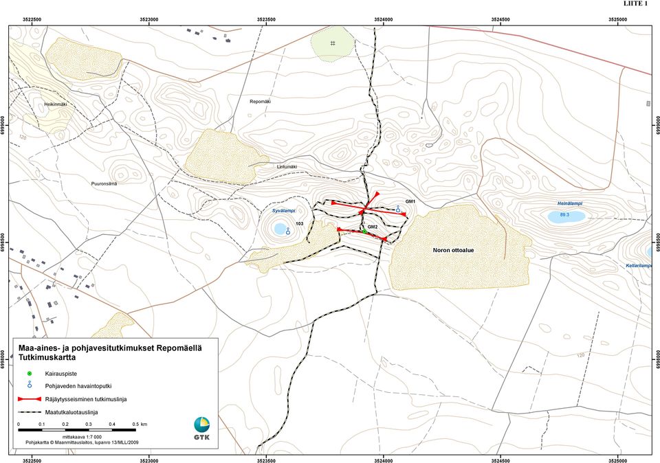 3 103 GM2 6998500 Noron ottoalue 6998500 Kellarilampi 6998000 Maa-aines- ja pohjavesitutkimukset Repomäellä Tutkimuskartta