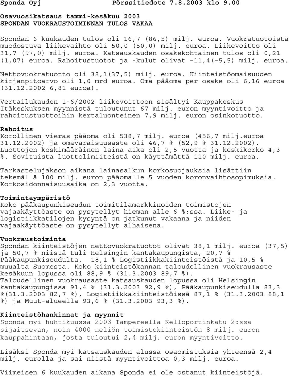 Rahoitustuotot ja -kulut olivat 11,4( 5,5) milj. euroa. Nettovuokratuotto oli 38,1(37,5) milj. euroa. Kiinteistöomaisuuden kirjanpitoarvo oli 1,0 mrd euroa. Oma pääoma per osake oli 6,16 euroa (31.12.