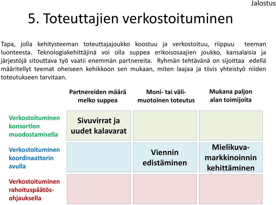 Ryhmän tehtävänä on sijoittaa edellä määritellyt teemat oheiseen kehikkoon sen mukaan, miten laajaa ja tiivis yhteistyö niiden toteutukseen tarvitaan.