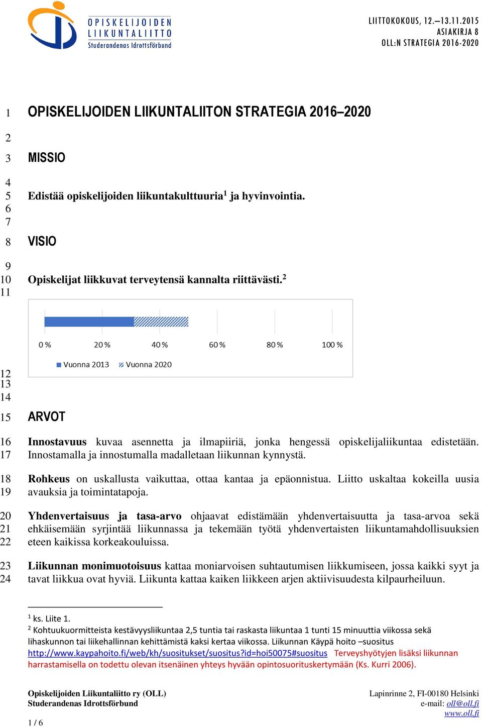 Innostamalla ja innostumalla madalletaan liikunnan kynnystä. Rohkeus on uskallusta vaikuttaa, ottaa kantaa ja epäonnistua. Liitto uskaltaa kokeilla uusia avauksia ja toimintatapoja.