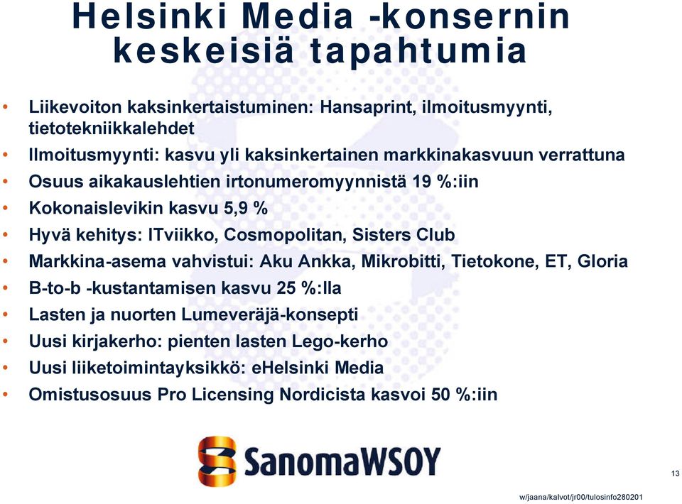 Cosmopolitan, Sisters Club Markkina-asema vahvistui: Aku Ankka, Mikrobitti, Tietokone, ET, Gloria B-to-b -kustantamisen kasvu 25 %:lla Lasten ja nuorten