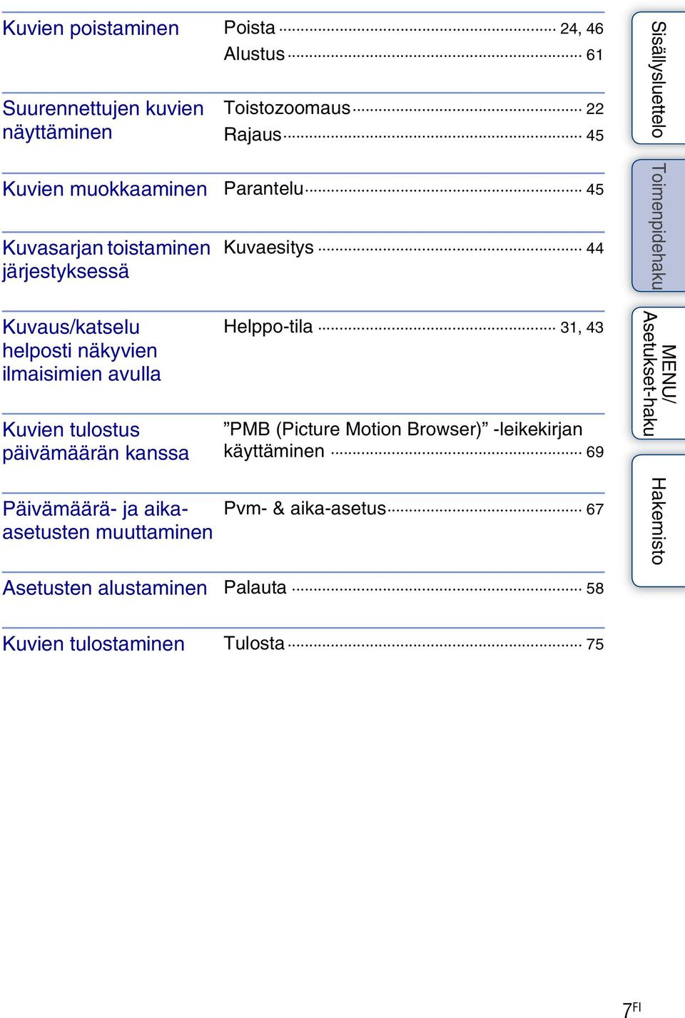 ilmaisimien avulla Kuvien tulostus päivämäärän kanssa Päivämäärä- ja aikaasetusten muuttaminen Helppo-tila 31, 43 PMB