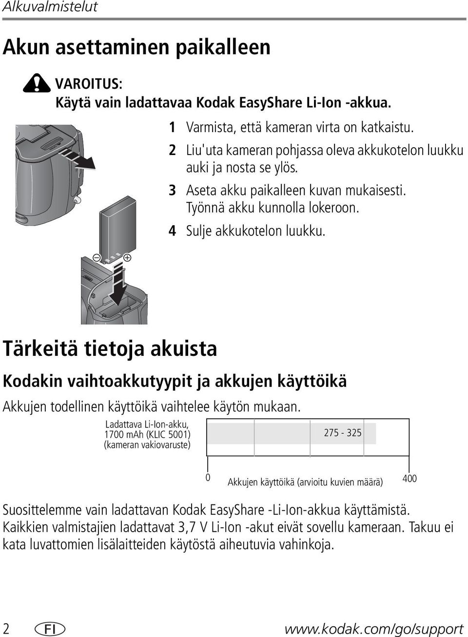 Tärkeitä tietoja akuista Kodakin vaihtoakkutyypit ja akkujen käyttöikä Akkujen todellinen käyttöikä vaihtelee käytön mukaan.