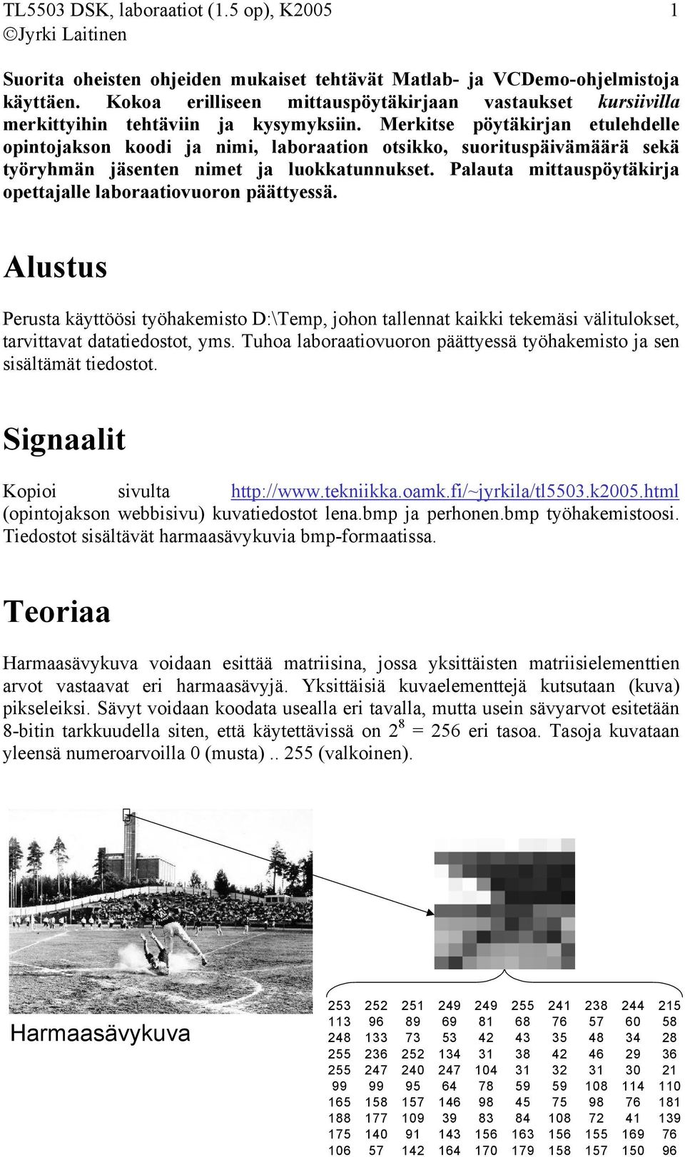 Merkitse pöytäkirjan etulehdelle opintojakson koodi ja nimi, laboraation otsikko, suorituspäivämäärä sekä työryhmän jäsenten nimet ja luokkatunnukset.