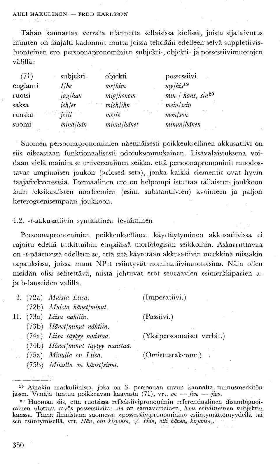 minut f hänet possessiiyi my/his ls min j hans, sin 20 meinjsein monjson minun/hänen Suomen persoonapronominien näennäisesti poikkeuksellinen akkusatiivi on siis oikeastaan funktionaalisesti