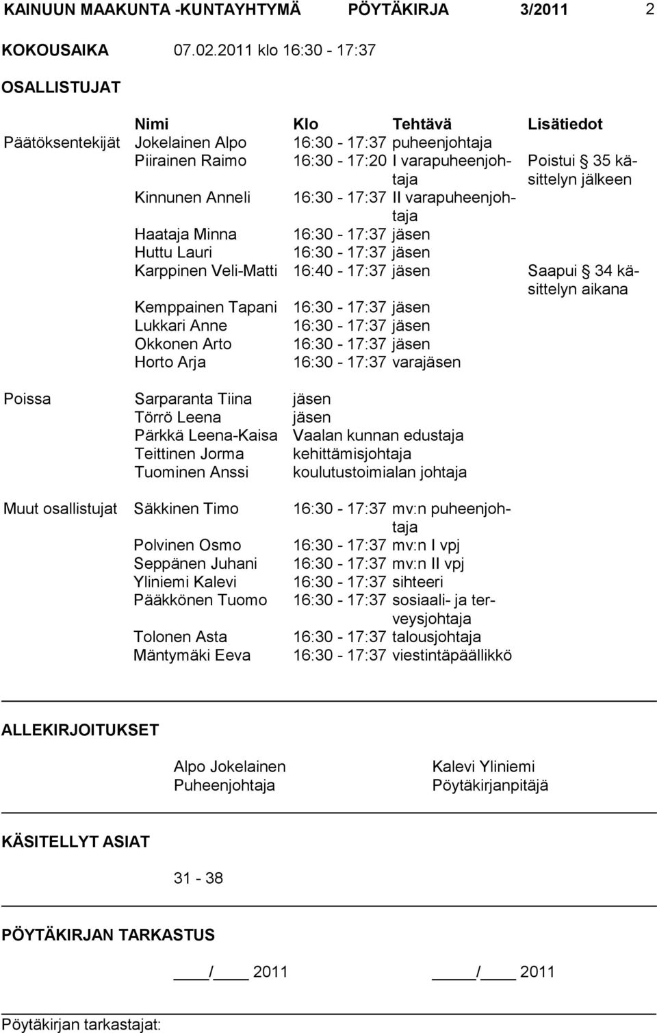 Kinnunen Anneli 16:30-17:37 II varapuheenjohtaja Haataja Minna 16:30-17:37 jäsen Huttu Lauri 16:30-17:37 jäsen Karppinen Veli-Matti 16:40-17:37 jäsen Saapui 34 käsittelyn aikana Kemppainen Tapani