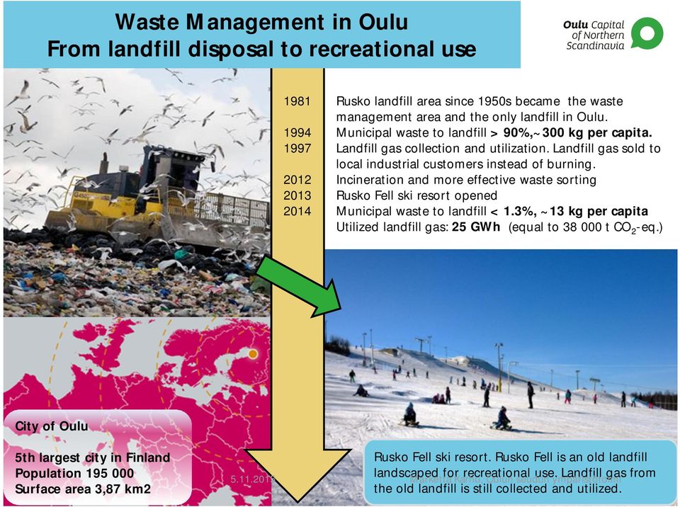 2012 Incineration and more effective waste sorting 2013 Rusko Fell ski resort opened 2014 Municipal waste to landfill < 1.