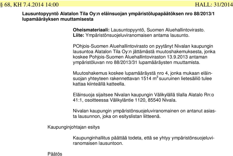 POhjois-Suomen Aluehallintovirasto on pyytänyt Nivalan kaupungin lausuntoa Alatalon Tila Oy:n jättämästä muutoshakemuksesta, jonka koskee Pohjois-Suomen Aluehallintoviraston 13.9.